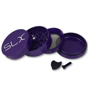 Purple SLX BFG Grinder open with parts and scraper.